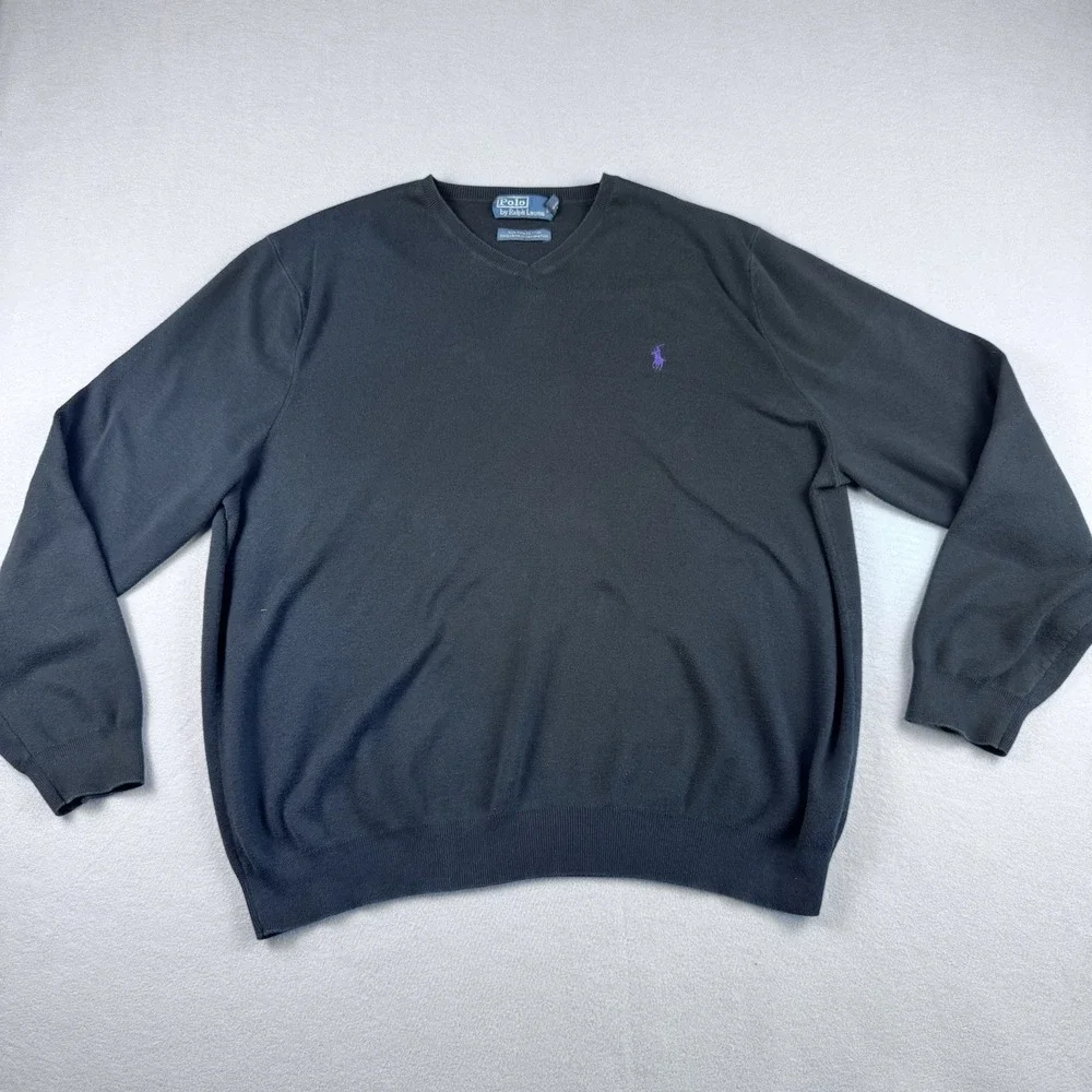 Vintage Polo Ralph Lauren Pima Cotton Sweater Men XXL Black V-Neck Pullover